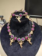 Vintage set ketting en armband verguld verzilverde fuchsia, Sieraden, Tassen en Uiterlijk, Kettingen, Overige materialen, Verzenden