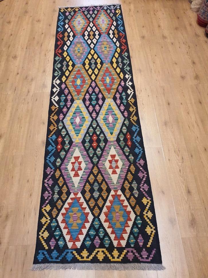Handgeweven oosterse wollen kelim loper 305x85, Huis en Inrichting, Stoffering | Tapijten en Kleden, Nieuw, 50 tot 100 cm, 200 cm of meer