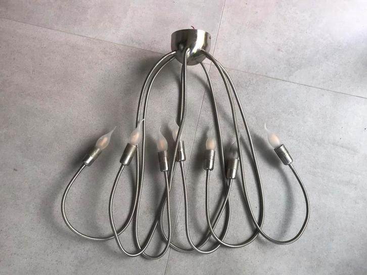 Industriële RVS plafondlamp met 7 armen, Huis en Inrichting, Lampen | Hanglampen, Gebruikt, 75 cm of meer, Metaal, Ophalen