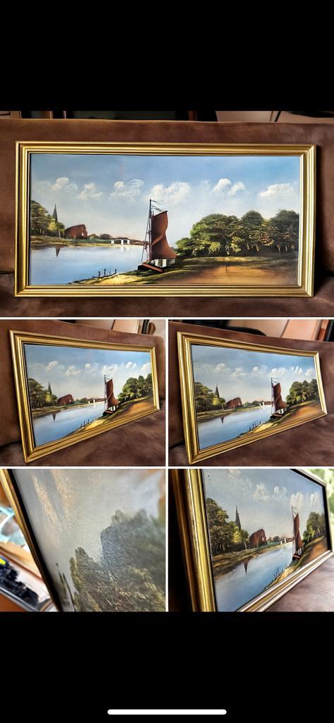 Oud Fries landschap met skûtsje – schilderij 8849, Antiek en Kunst, Kunst | Schilderijen | Klassiek, Ophalen of Verzenden