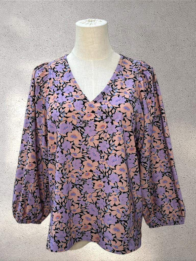 Studio Anneloes Black Purple Floral Blouse V Neck  Size M, Kleding | Dames, Grote Maten, Zo goed als nieuw, Blouse of Tuniek, Paars