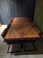 Unieke boomstamtafel + 8 stoelen, Ophalen, Gebruikt, Industrieel/landelijk, 200 cm of meer