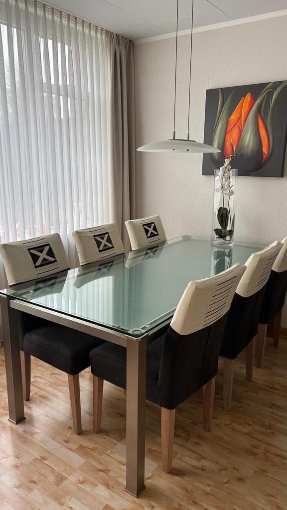 Glazen eettafel met 6 stoelen (200x90cm), Huis en Inrichting, Tafels | Eettafels, Gebruikt, 50 tot 100 cm, 150 tot 200 cm, Vijf personen of meer