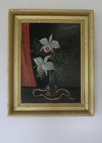 Schilderij Olieverf op doek met een vaas bloemen in gouden, Ophalen of Verzenden