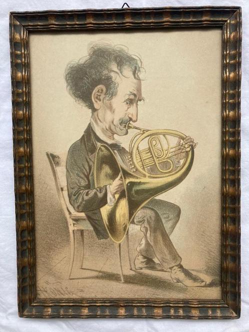 Litho met karikatuur van een hoornblazer - Herbert König, Antiek en Kunst, Kunst | Litho's en Zeefdrukken, Ophalen of Verzenden