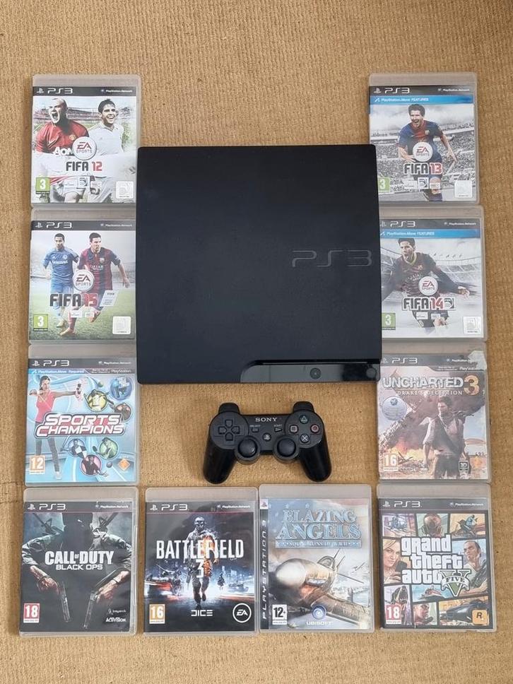 PS3 Slim + Controller + 10 Games!, Spelcomputers en Games, Spelcomputers | Sony PlayStation 1, Zo goed als nieuw, Met 1 controller