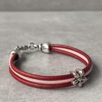 Leren meisjes armband roze rood met bloemetje - 15 cm, Nieuw, Armband, Roze, Ophalen