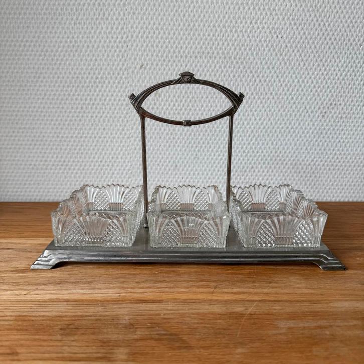 Art Nouveau Metalen Rekje met 3 Schaaltjes, Serveerschalen, Antiek en Kunst, Antiek | Servies los, Ophalen of Verzenden