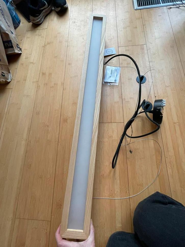 Tafellamp hanglamp hout Karwei dimbaar, Huis en Inrichting, Lampen | Hanglampen, Zo goed als nieuw, 75 cm of meer, Hout, Ophalen