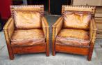 2 industriële fauteuils cognac vintage leer + BEZORGING, Gebruikt, Vintage, Ophalen of Verzenden, Leer