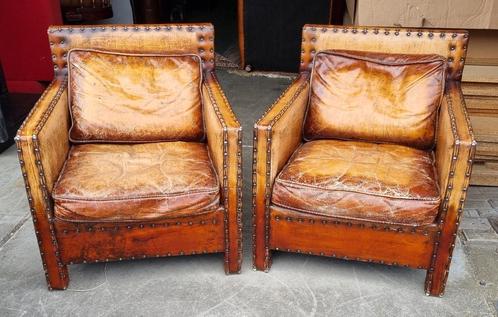 2 industriële fauteuils cognac vintage leer + BEZORGING, Huis en Inrichting, Fauteuils, Gebruikt, Leer, 75 tot 100 cm, Ophalen of Verzenden