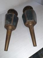 TWEE MOOIE OUDE KOPEREN KOETSLAMPEN MET GESLEPEN  GLAS., Antiek en Kunst, Ophalen