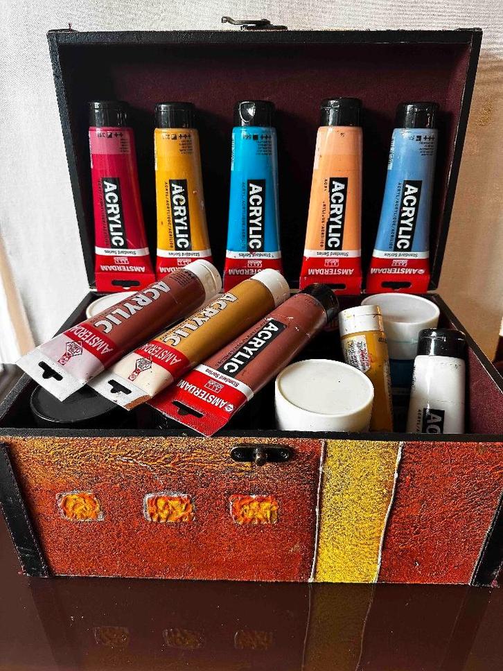 Assortiment acrylverf, art-stijl opbergkist, schildersezel, Hobby en Vrije tijd, Schilderen, Ezel, Ophalen
