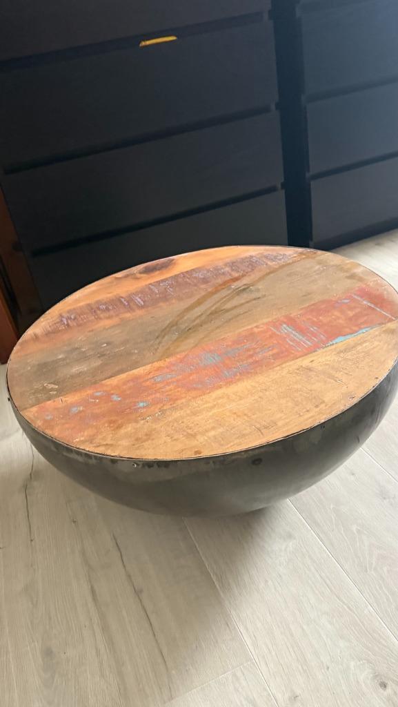 Industriële ronde salontafel van hout en metaal, Huis en Inrichting, Tafels | Salontafels, Gebruikt, Minder dan 50 cm, 50 tot 100 cm