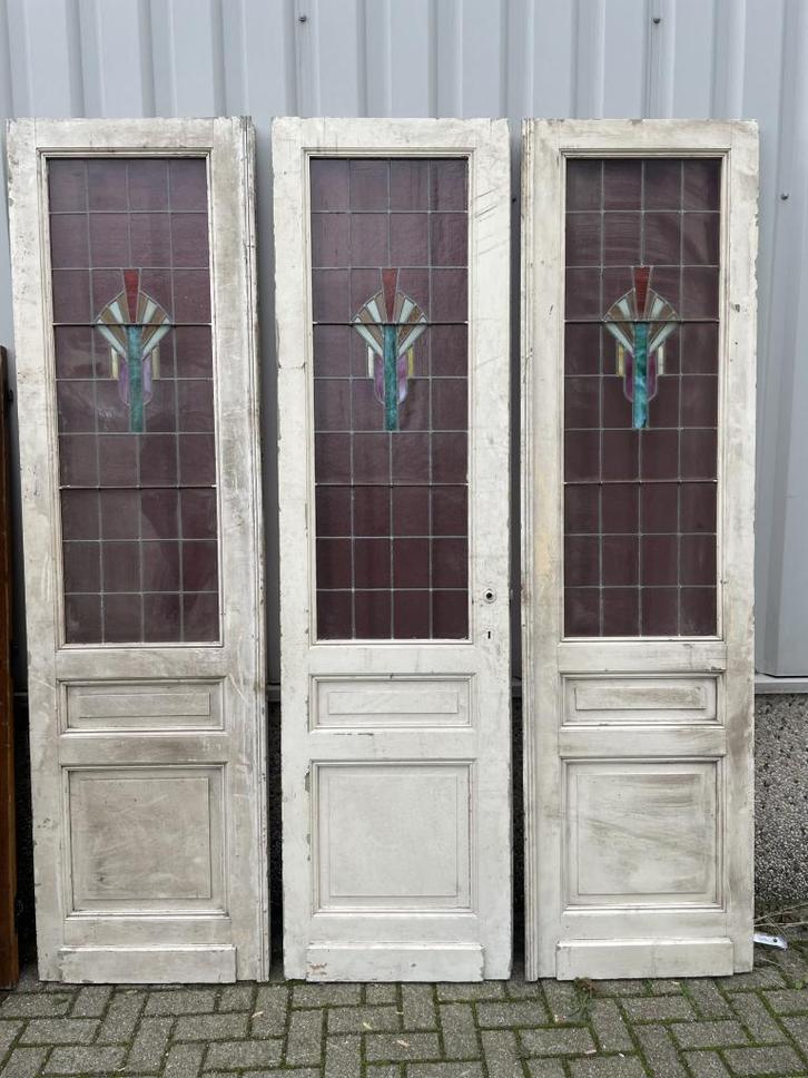 Prachtig antiek drieluik uit 1902 met glas in lood, Doe-het-zelf en Verbouw, Deuren en Horren, Zo goed als nieuw, Binnendeur, 215 cm of meer