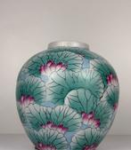 Grote gemberpot / vaas met bloemen mint groen roze, Huis en Inrichting, Ophalen, ., Aardewerk of Porselein, Zo goed als nieuw