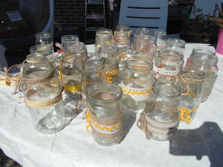 deco potten glas versierd lintjes stof en bloemetjes 26 st, Huis en Inrichting, Woonaccessoires | Kandelaars en Kaarsen, Zo goed als nieuw