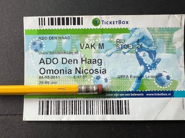 UEFA Cup ticket ADO Den Haag - Omonia Nicosia 4 aug 2011, Ophalen of Verzenden, Gebruikt, Overige binnenlandse clubs, Poster, Plaatje of Sticker