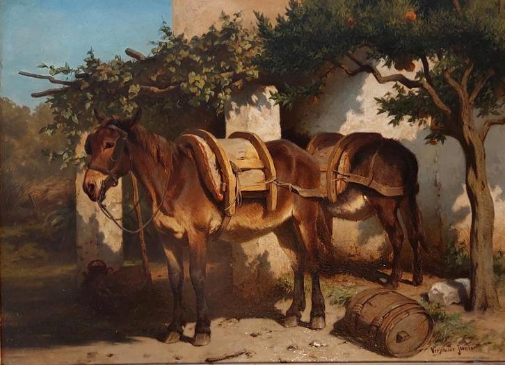 =Wouter Verschuur jr. ''muilezels bij Z.-Franse boerderij'', Antiek en Kunst, Kunst | Schilderijen | Klassiek, Ophalen of Verzenden