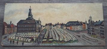 Jaar1957 Schilderij Houten Paneel MARKT STADHUIS MAASTRICHT beschikbaar voor biedingen