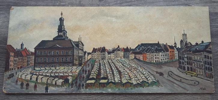 Jaar1957 Schilderij Houten Paneel MARKT STADHUIS MAASTRICHT, Antiek en Kunst, Kunst | Schilderijen | Modern, Ophalen of Verzenden