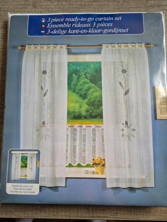 3-delige kant-en-klare gordijnset, Huis en Inrichting, Stoffering | Gordijnen en Lamellen, Nieuw, Wit, Ophalen of Verzenden