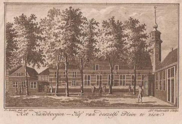 Middelburg. Het handboogen-hof van deszelfs plein te zien. K, Antiek en Kunst, Kunst | Etsen en Gravures, Ophalen of Verzenden