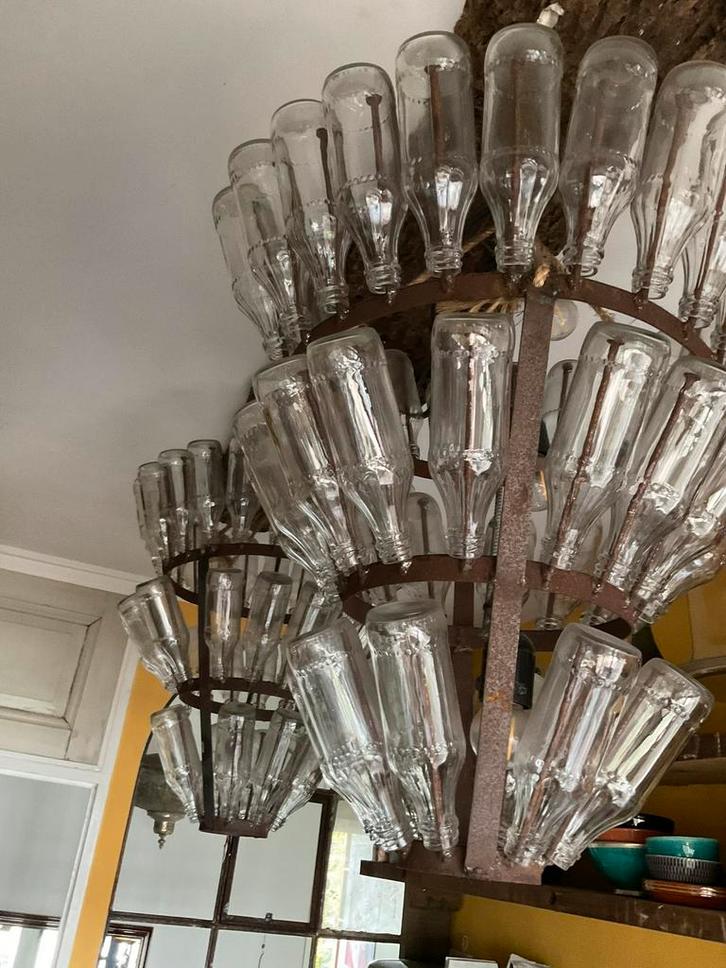 Flessen lamp, Hanglamp, Kroonluchter, Huis en Inrichting, Lampen | Plafondlampen, Zo goed als nieuw, Glas, Metaal, Ophalen