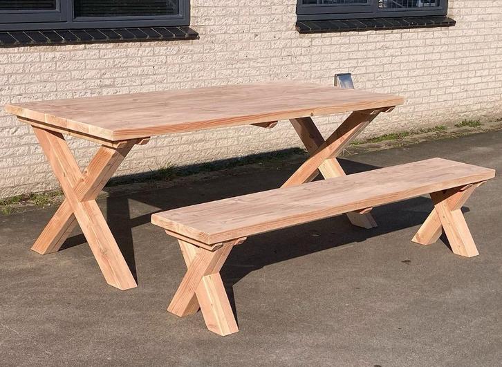 Tuintafel met 1 bank X poten Douglas hout in 3 maten, Tuin en Terras, Tuinsets en Loungesets, Nieuw, Tuinset, Hout, 6 zitplaatsen