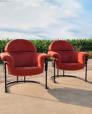 Set 2 - vintage design stoel rood stof tubular frame wiebel beschikbaar voor biedingen