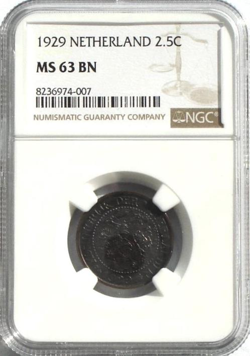 Nederland 2,5 cent 1929 (in NGC slab, MS63BN), Postzegels en Munten, Munten | Nederland, Overige waardes, Koningin Wilhelmina
