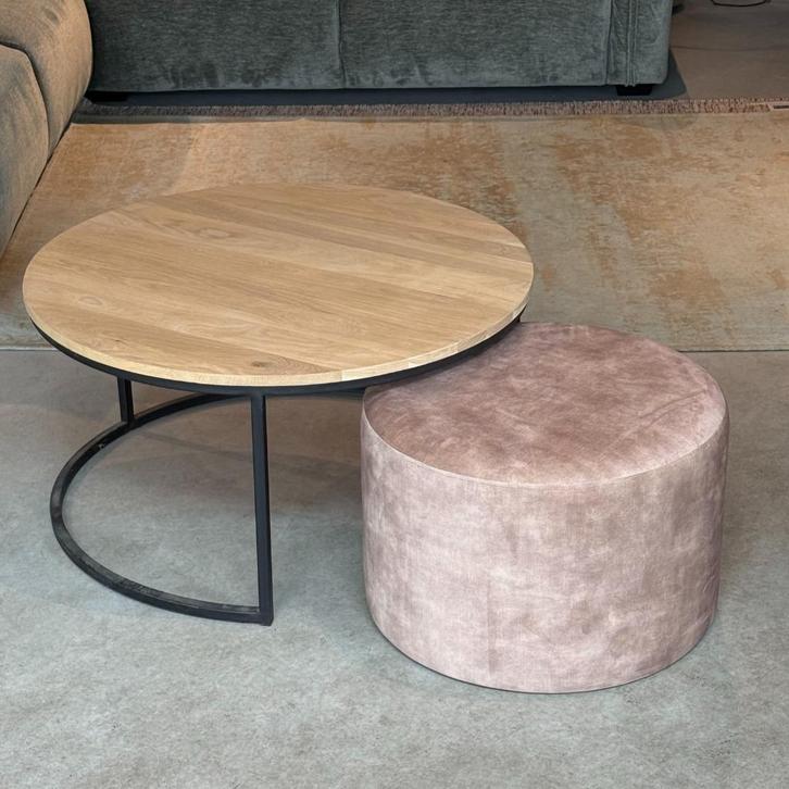 salon tafel eiken met poef velours taupe 90cm, Huis en Inrichting, Tafels | Salontafels, Nieuw, Minder dan 50 cm, 50 tot 100 cm
