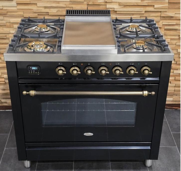 Luxe Fornuis Boretti 90cm hoogglans zwart + oud koper, Witgoed en Apparatuur, Fornuizen, Zo goed als nieuw, Vrijstaand, Gas, 5 kookzones of meer