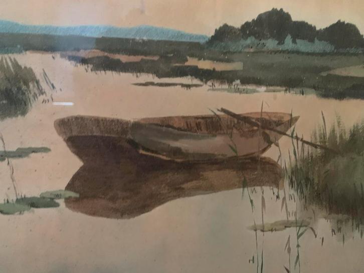 Aquarel Landschap met Boot, Antiek en Kunst, Kunst | Schilderijen | Klassiek, Verzenden