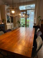 Robuuste eettafel met smeedijzeren onderstel + 6 stoelen, Ophalen, 200 cm of meer, 50 tot 100 cm, Zo goed als nieuw