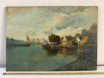 Mooi werkje haven boten schepen dorpje, Antiek en Kunst, Kunst | Schilderijen | Klassiek, Ophalen of Verzenden