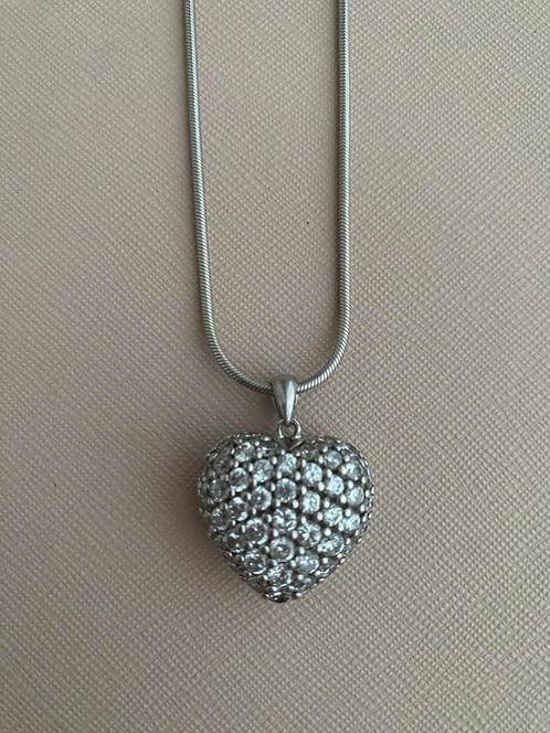 Zilveren 925 ketting hart zirkonia’s, Sieraden, Tassen en Uiterlijk, Kettingen, Zo goed als nieuw, Zilver, Zilver, Met hanger