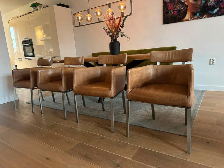 4 l’Ancora Design lederen eetkamerstoelen, Huis en Inrichting, Stoelen, Zo goed als nieuw, Vier, Leer, Bruin, Ophalen of Verzenden