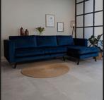 Hoekbank 3 zitsbank + lounge blauw fluweel, Huis en Inrichting, Banken | Bankstellen, Ophalen, 125 tot 150 cm, Hoekbank, Driepersoons