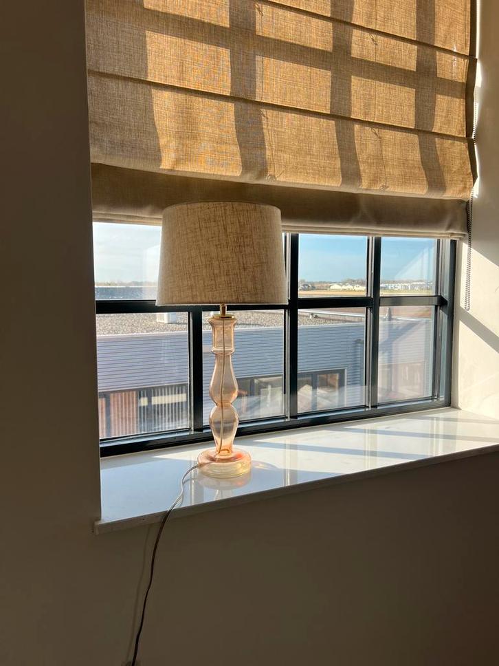 Glazen Tafellamp met Linnen Kap, Huis en Inrichting, Lampen | Tafellampen, Zo goed als nieuw, Minder dan 50 cm, Glas, Ophalen of Verzenden