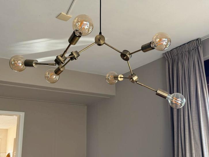 Karwei hanglamp met grotere peertjes messing goud, Huis en Inrichting, Lampen | Hanglampen, Zo goed als nieuw, 50 tot 75 cm, Metaal