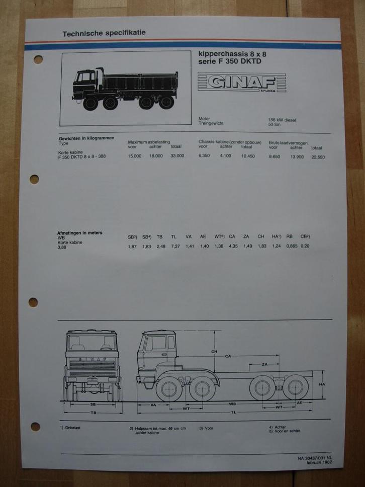 GINAF F350 DKTD Technische Specificatie Folder 1982 – 8x8, Boeken, Auto's | Folders en Tijdschriften, Zo goed als nieuw, Overige merken