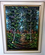 Mid Century Modern Bos Landschap Schilderij in Lijst 84x64CM, Ophalen of Verzenden, Zo goed als nieuw