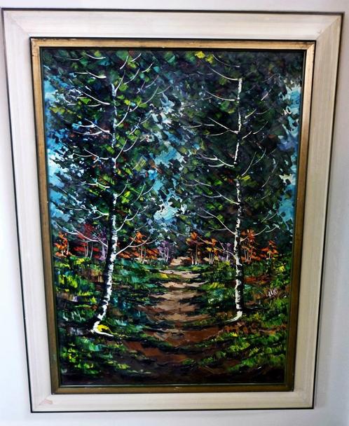 Mid Century Modern Bos Landschap Schilderij in Lijst 84x64CM, Huis en Inrichting, Woonaccessoires | Wanddecoraties, Zo goed als nieuw