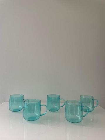 Set van 5 handgemaakte glazen mokken – mondgeblazen turquois beschikbaar voor biedingen