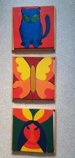 3 houten vierkante puzzels: Vlinder, kat en indiaan, 10 tot 50 stukjes, Ophalen of Verzenden, Zo goed als nieuw, Van hout