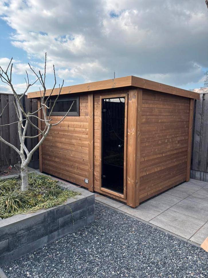 Thermowood buitensauna met omkleedruimte /voorruimte. Sauna, Sport en Fitness, Sauna, Nieuw, Complete sauna, Fins of Traditioneel
