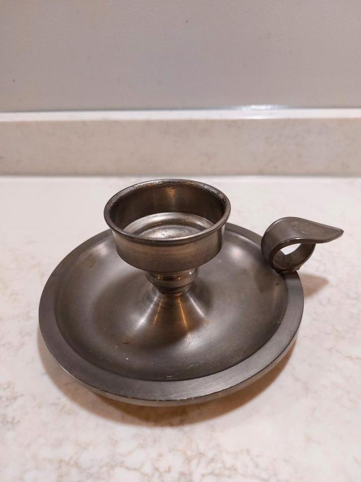 Tinnen Kandelaar met Handvat, Antiek en Kunst, Antiek | Kandelaars, Overige materialen, Ophalen of Verzenden