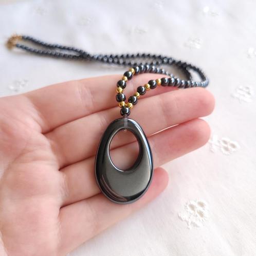 Vintage hematiet edelsteen ketting, Sieraden, Tassen en Uiterlijk, Kettingen, Zo goed als nieuw, Steen of Mineraal, Zwart, Met edelsteen