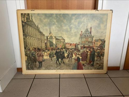 Antieke schoolplaat karton De Dam te Amsterdam, 1666, Antiek en Kunst, Antiek | Schoolplaten, Geschiedenis, Ophalen